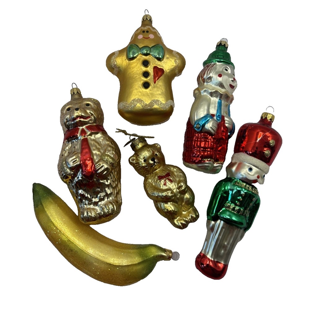 Vtg Lot Of 6 Blown Glass Ornaments Gingerbread‎ Bear Toy Soldier Banana Columbia